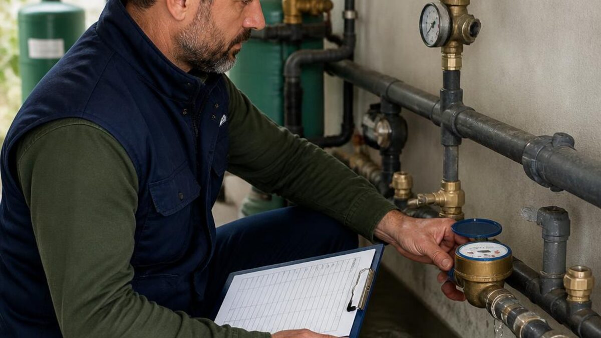 Tecnico di manutenzione legge il contatore dell'acqua vicino a una tubazione in un laboratorio aziendale