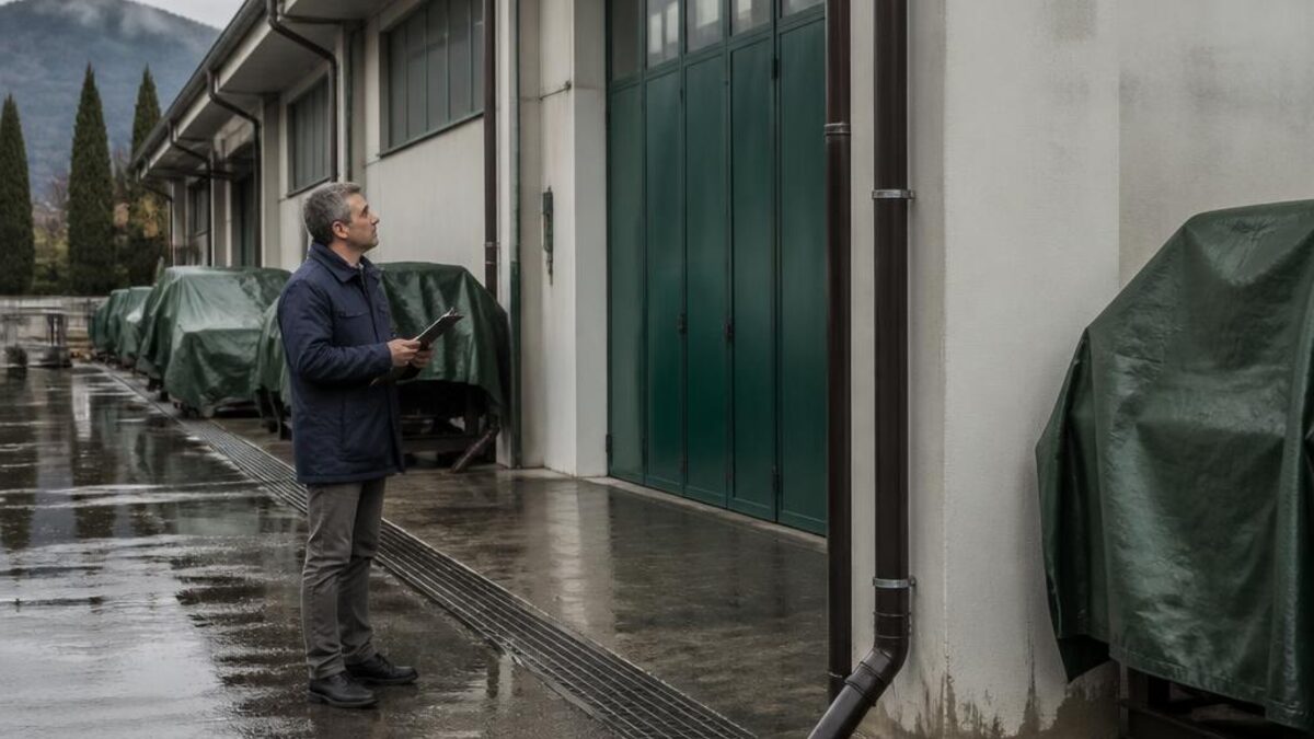 Referente aziendale verifica drenaggi e aree esterne dopo una pioggia intensa vicino a un piccolo stabilimento