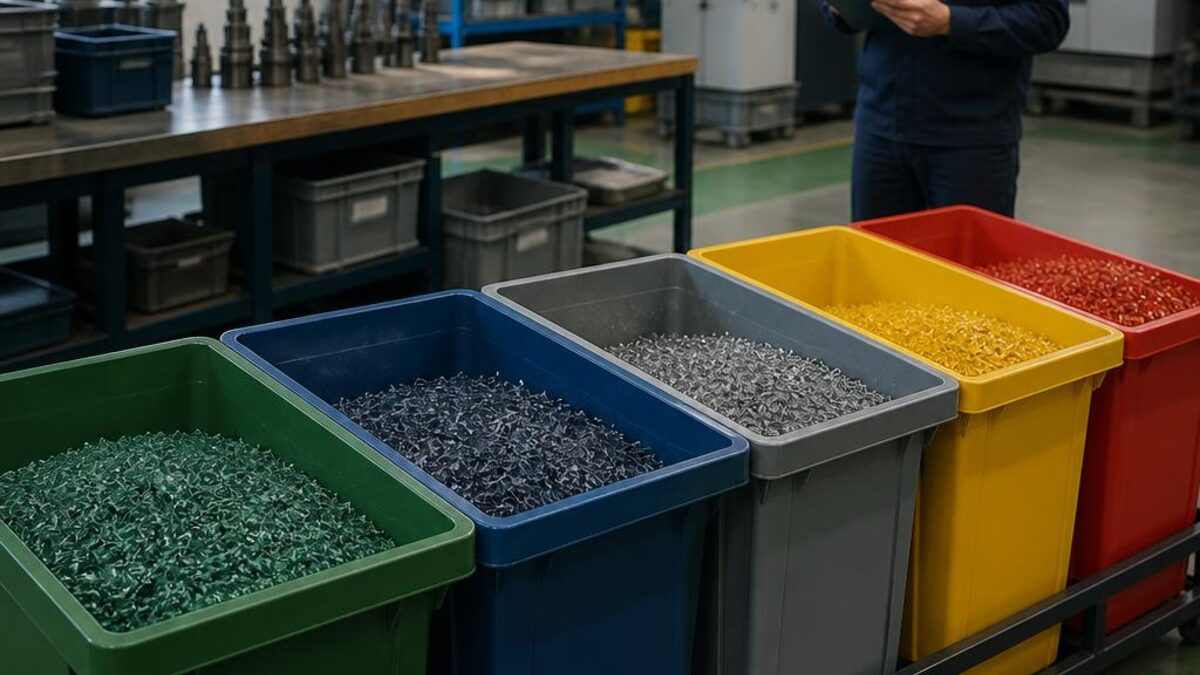 Rifiuti di produzione separati in contenitori distinti mentre un addetto annota un ritiro su un registro